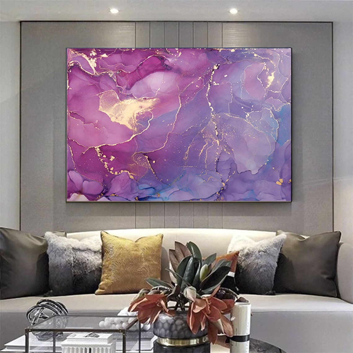 Pink Purple Marble Gold Veins Dreamy Abstract Elegant Wall Art