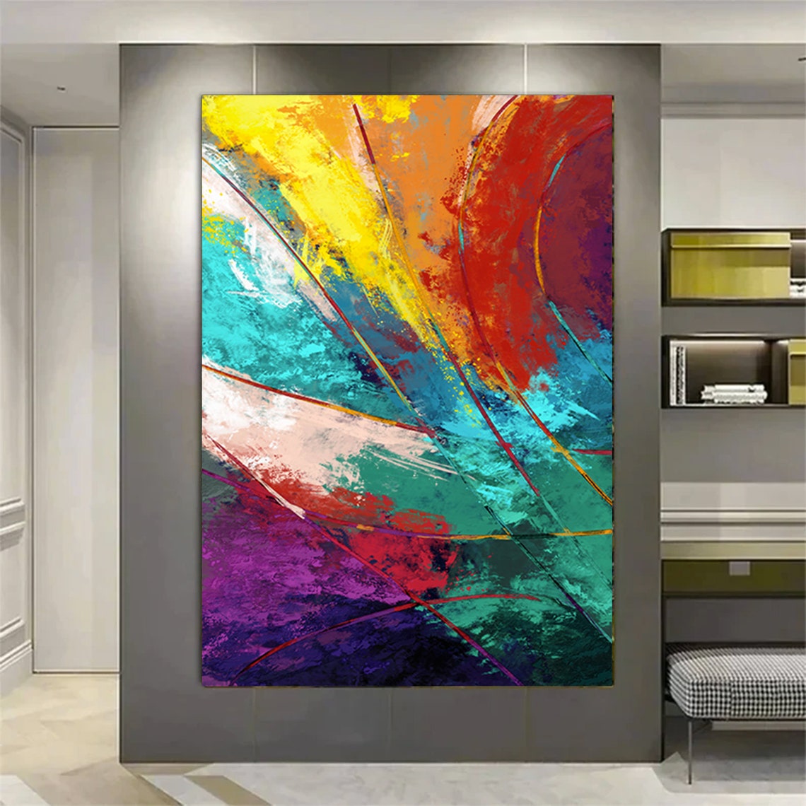Abstract Red Blue Yellow Bold Dynamic Brushstroke Modern Art Print