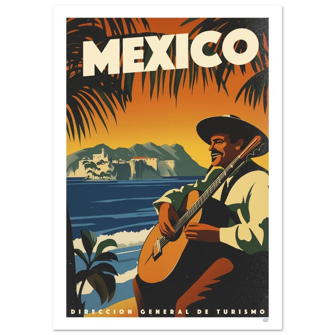 Mexico Mariachi Guitar Player Seaside Retro Tourism Artwork Poster - Image 2