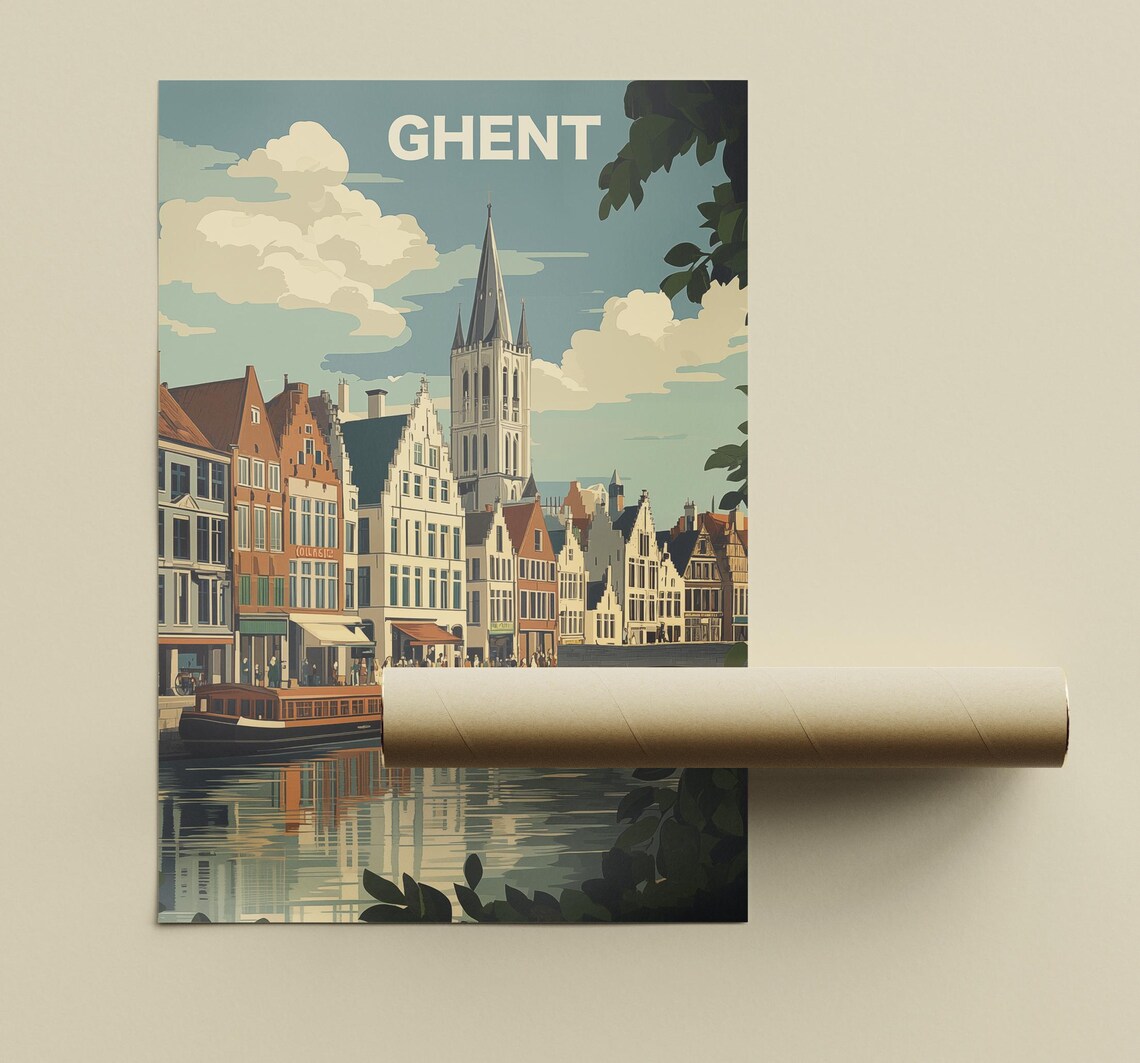 Ghent Belgium Historic Canal Boat Old Town Retro Travel Poster - Image 3