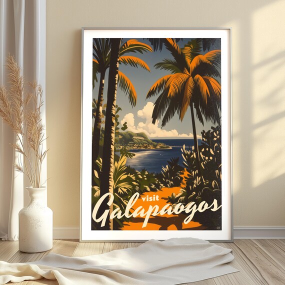 Galapagos Travel Poster Vintage Island Wall Art Retro Tropical Coastal Scene Print Scenic Galapagos Decor