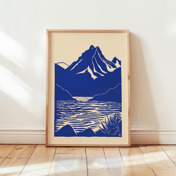 Moraine Lake Art Print In Cobalt Blue Matisse Inspired Minimalist Mountain Landscape Bold Nature Wall Decor