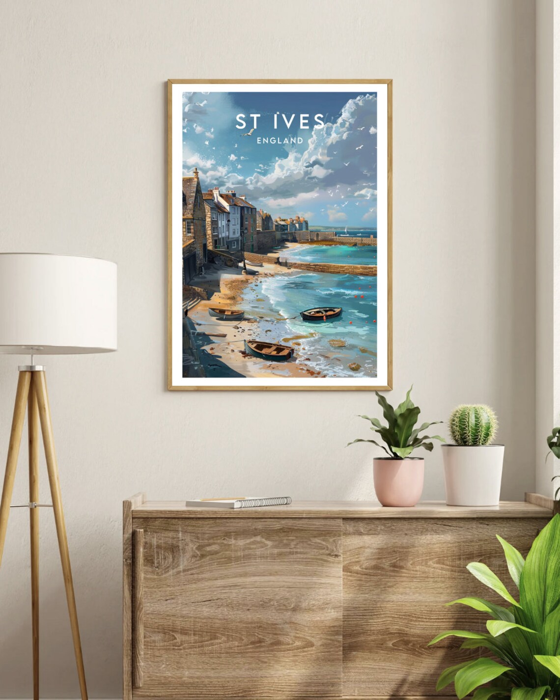 St Ives England Harbor Cottages and Rowboats Vintage Art Poster - Image 3
