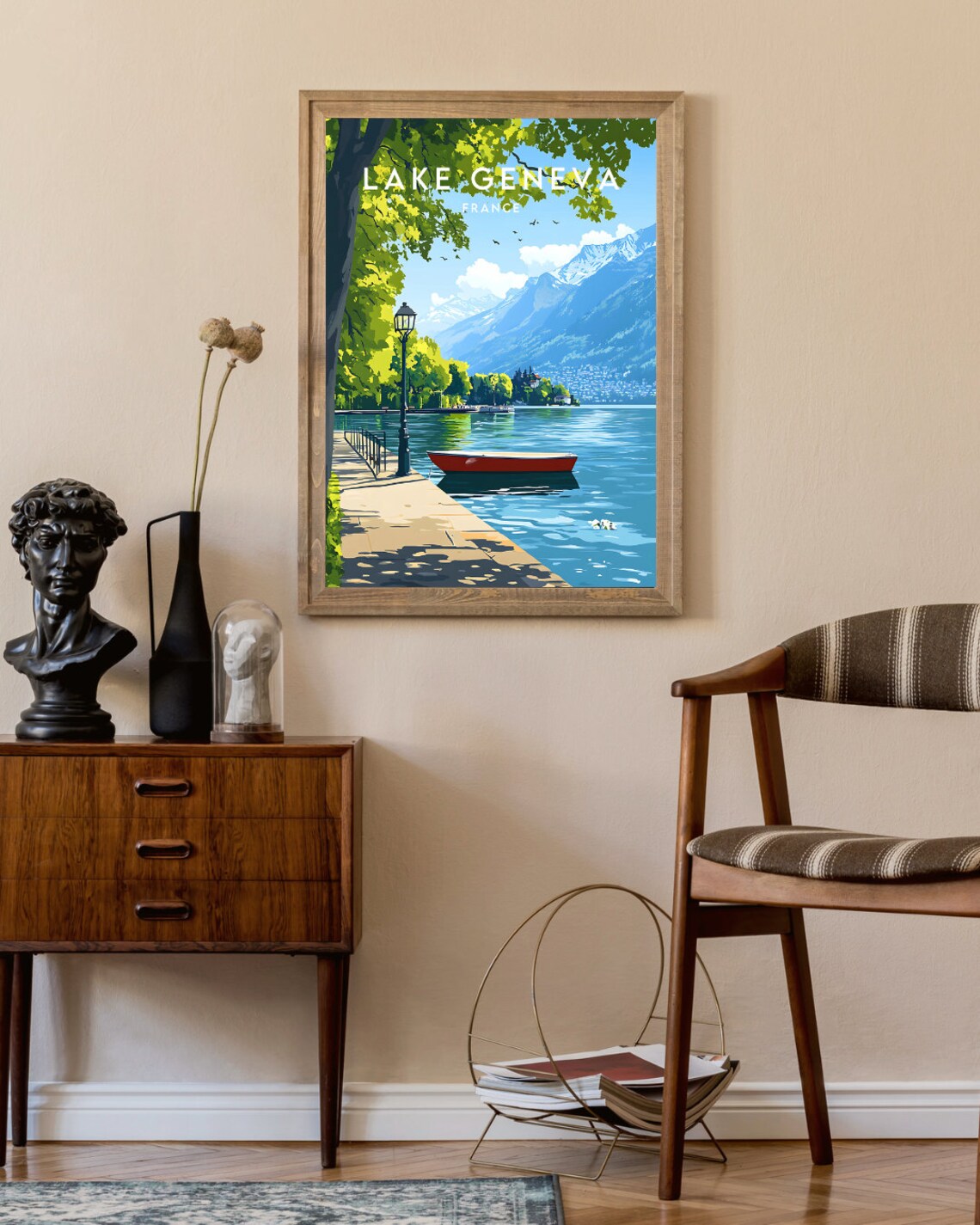 Lake Geneva France Lakeside Promenade Red Boat Mountains Travel Poster - Image 2