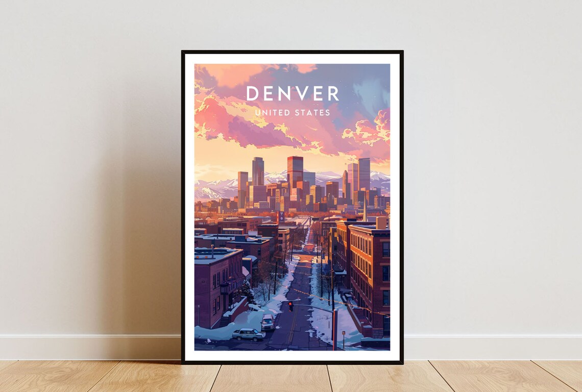 Denver United States Snowy Winter City Skyline Vintage Travel Poster