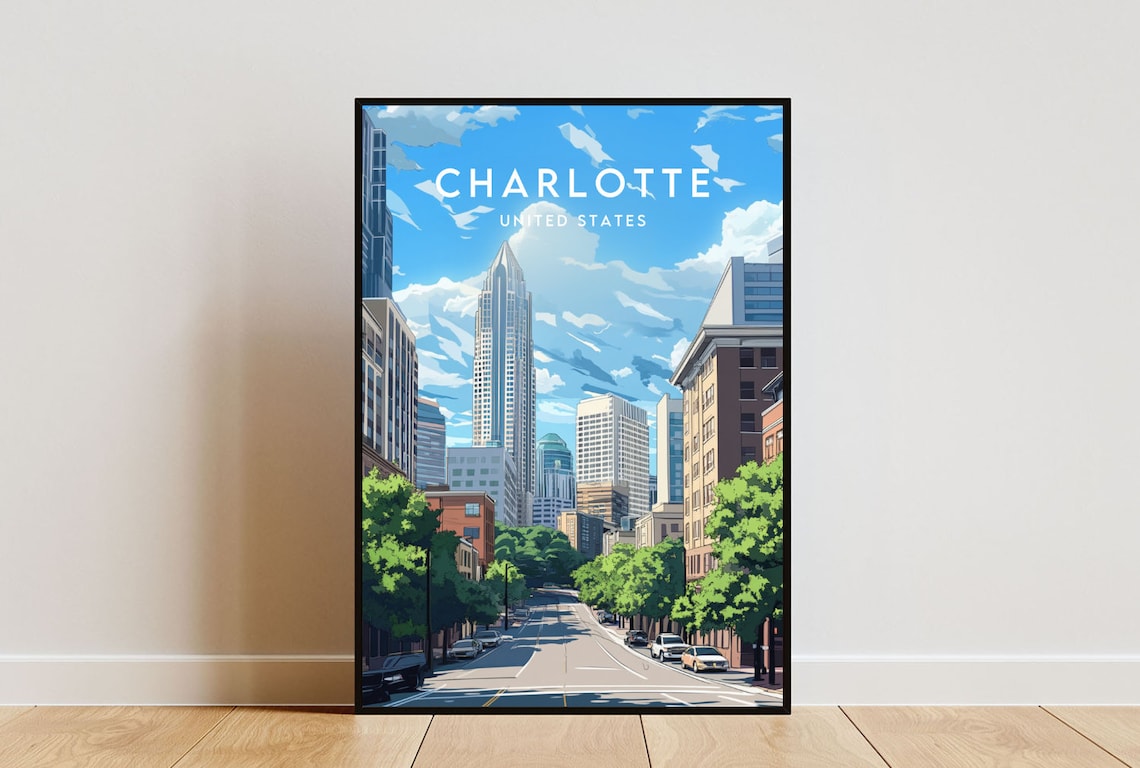 Charlotte United States Downtown Skyline Street Travel Art Poster