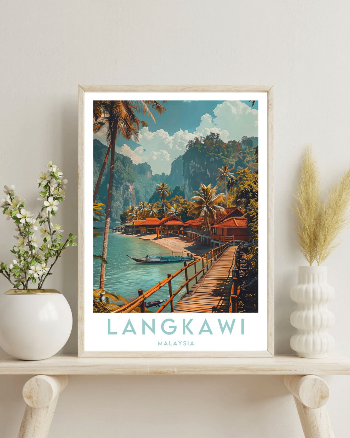Langkawi Malaysia Tropical Island Overwater Beach Huts Travel Poster - Image 4