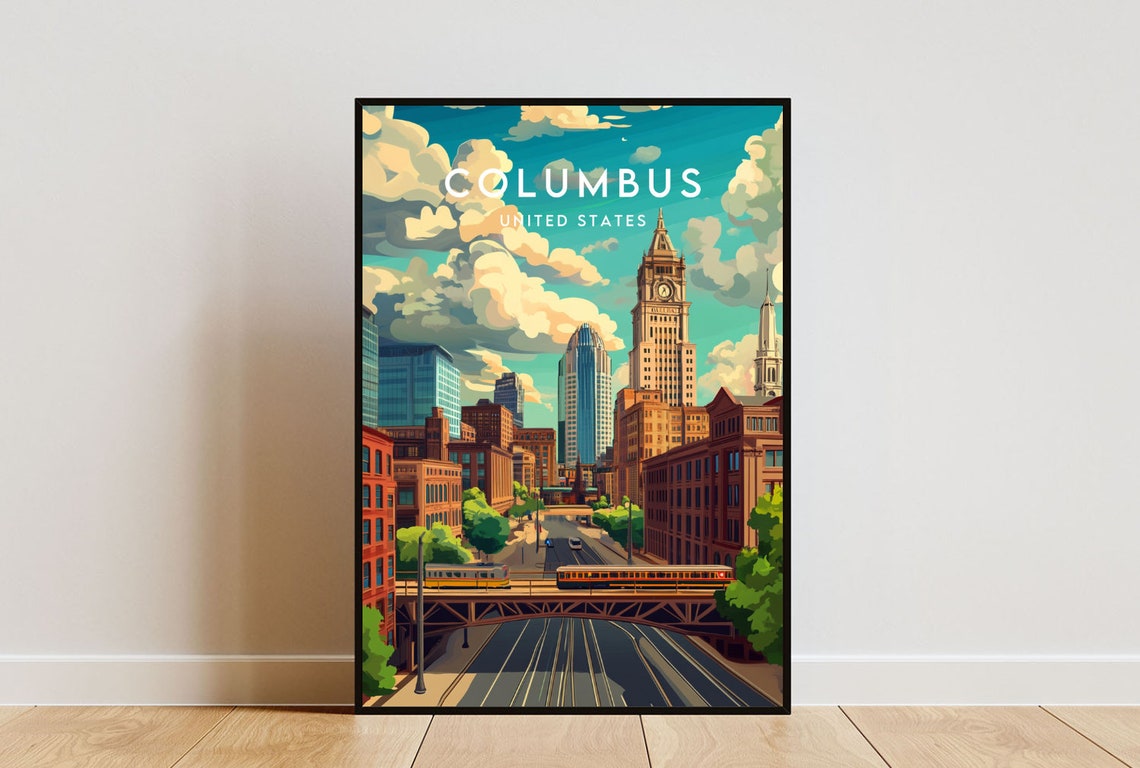 Columbus Ohio Downtown Clock Tower Elevated Railway Travel Poster