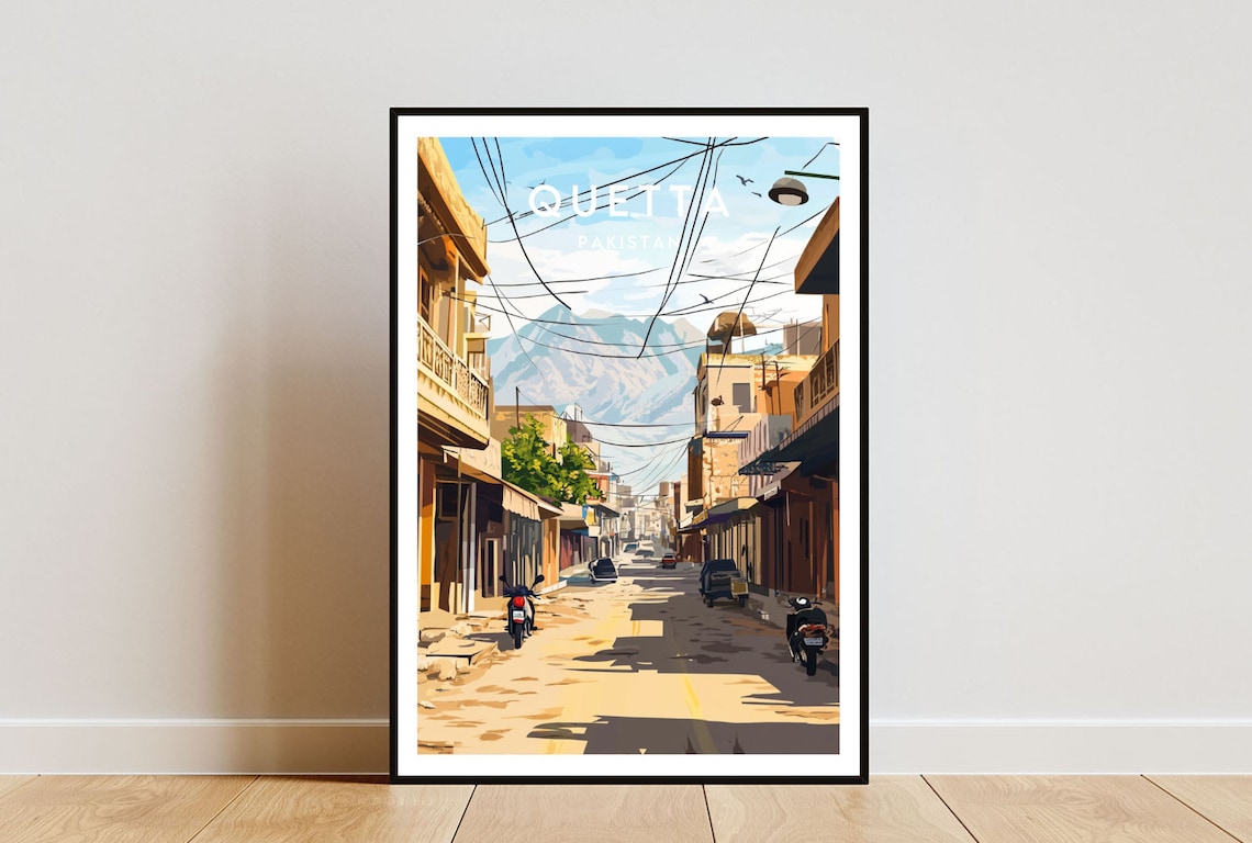 Quetta Pakistan Old Town Street Mountain View Retro Travel Poster