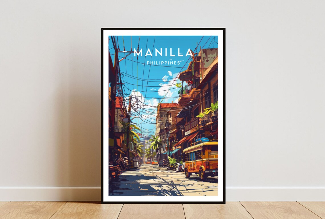 Manila Philippines Old Street Jeepney Power Lines Travel Poster