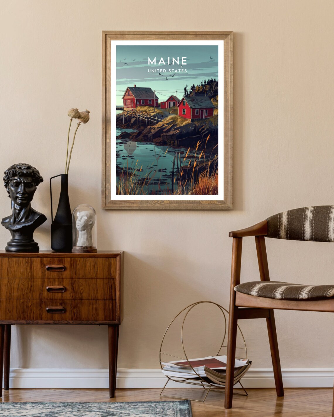 Maine United States Red Fishing Cabins Rocky Coast Dusk Travel Poster - Image 2