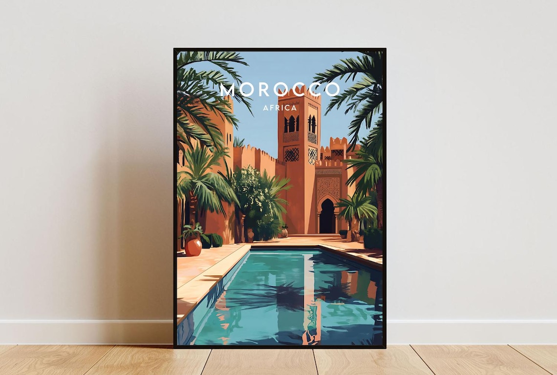 Morocco Africa Terracotta Kasbah Courtyard Pool Palms Travel Poster