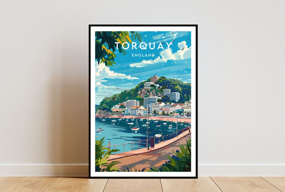 Torquay England Seaside Bay Promenade Boats Vintage Travel Poster