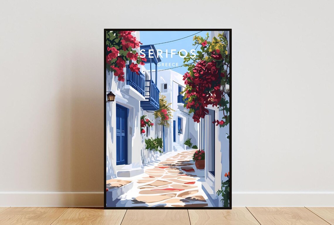 Serifos Greece White Blue Alley Red Bougainvillea Travel Poster