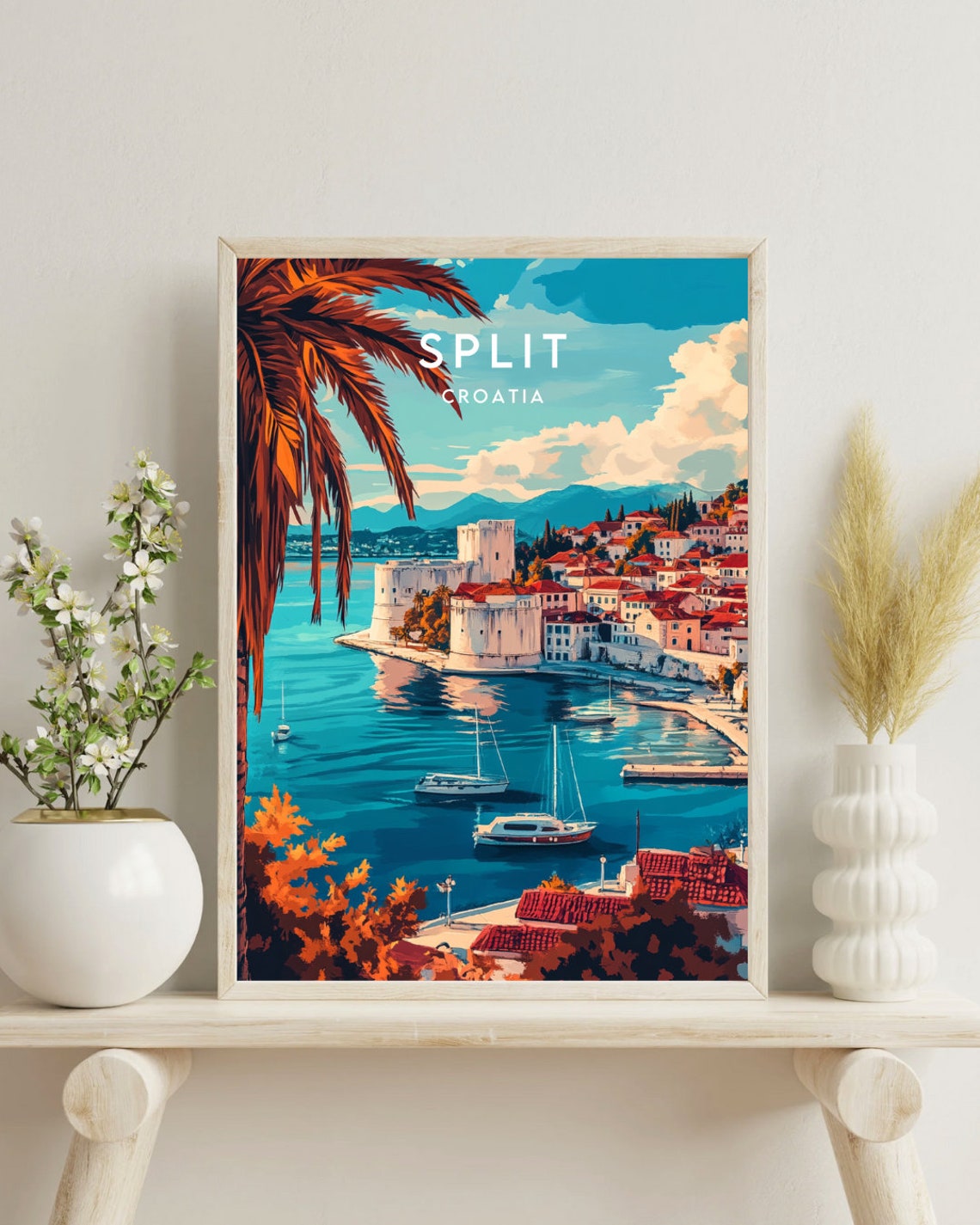 Split Croatia Coastal Fortress Harbor Sailboats Palm Travel Poster - Image 4