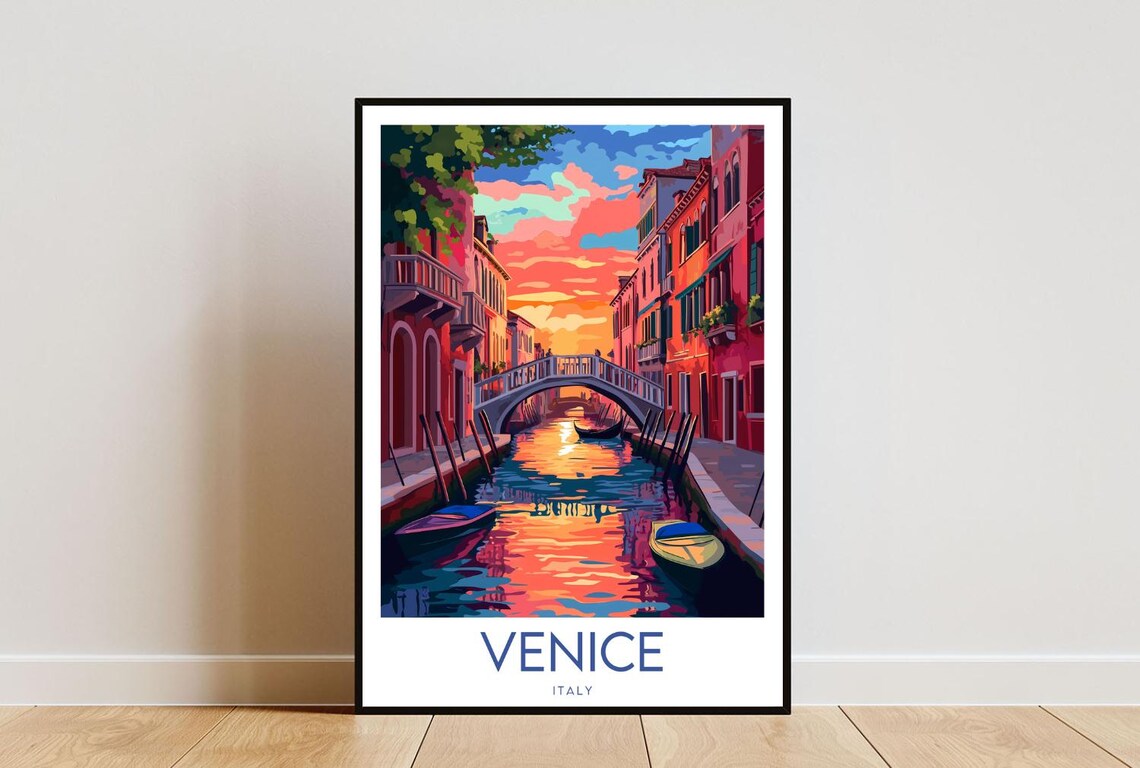 Venice Italy Canal Sunset Bridge Gondola Vintage Travel Art Poster
