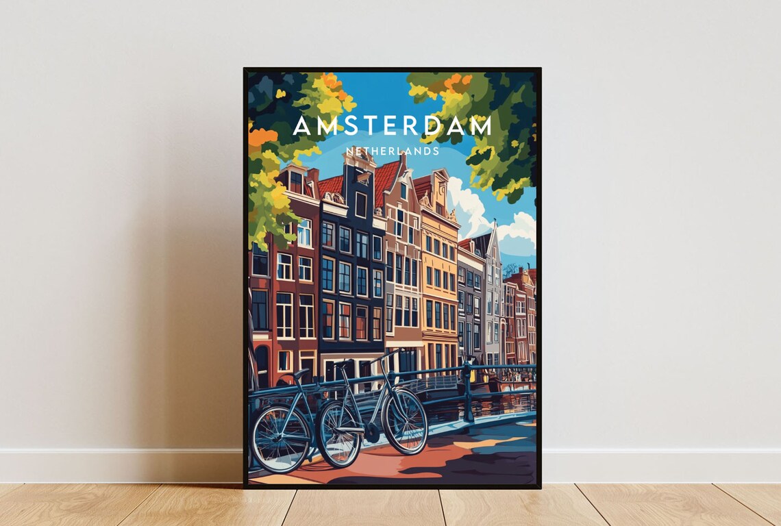 Amsterdam Canal Bikes Historic Houses City Scene Travel Poster