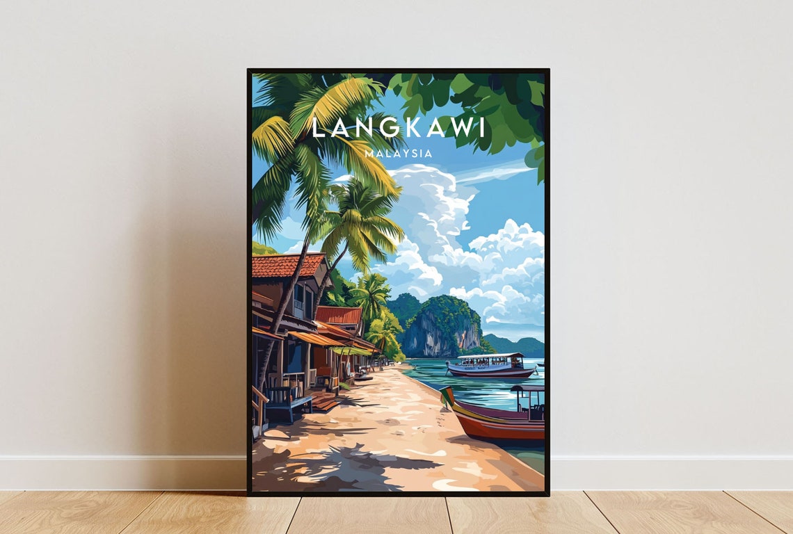 Langkawi Malaysia Tropical Beach Palms and Boats Travel Poster