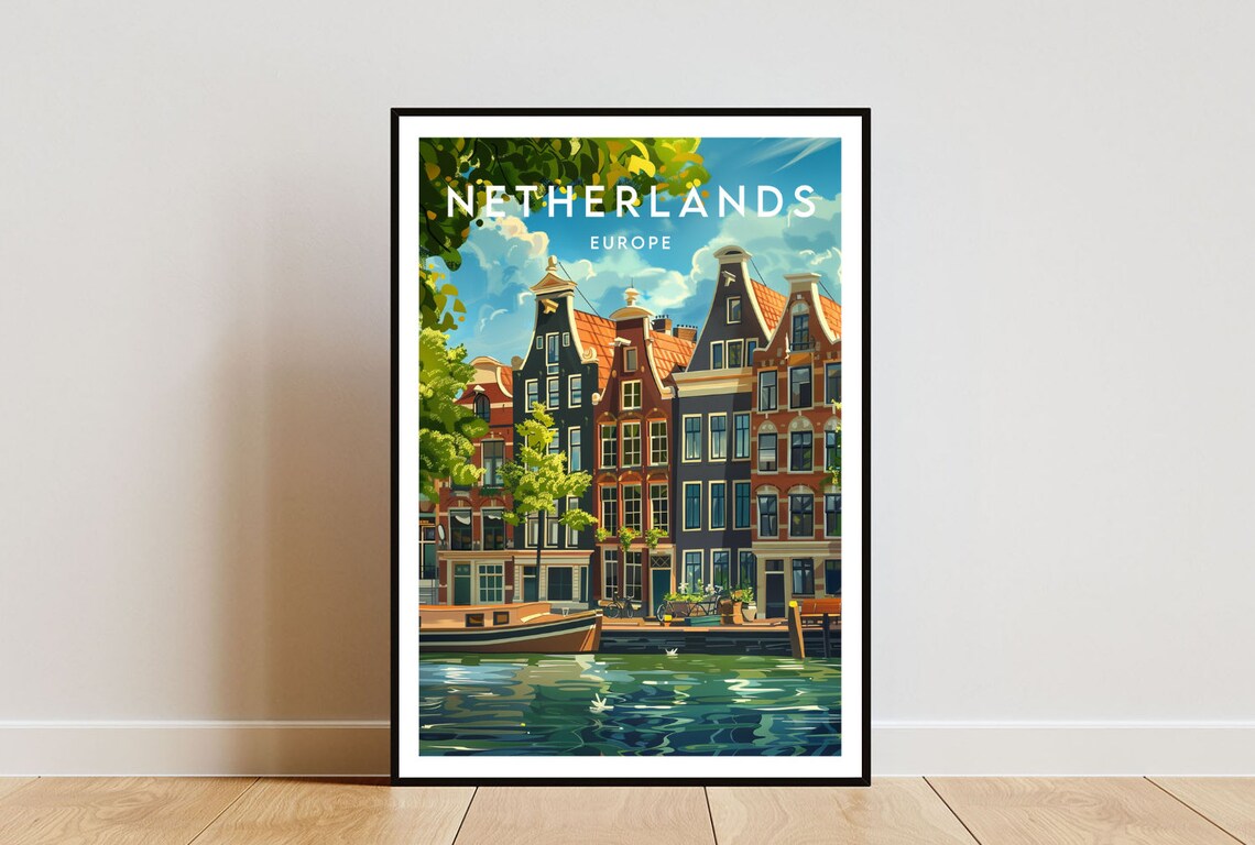 Netherlands Europe Amsterdam Canal Gabled Houses Travel Poster