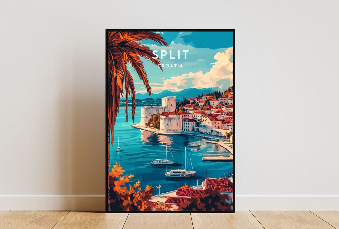 Split Croatia Coastal Fortress Harbor Sailboats Palm Travel Poster