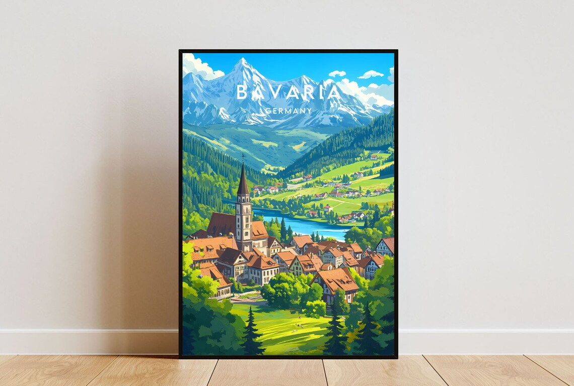 Bavaria Germany Alpine Village Lake Church Snowy Peaks Travel Poster
