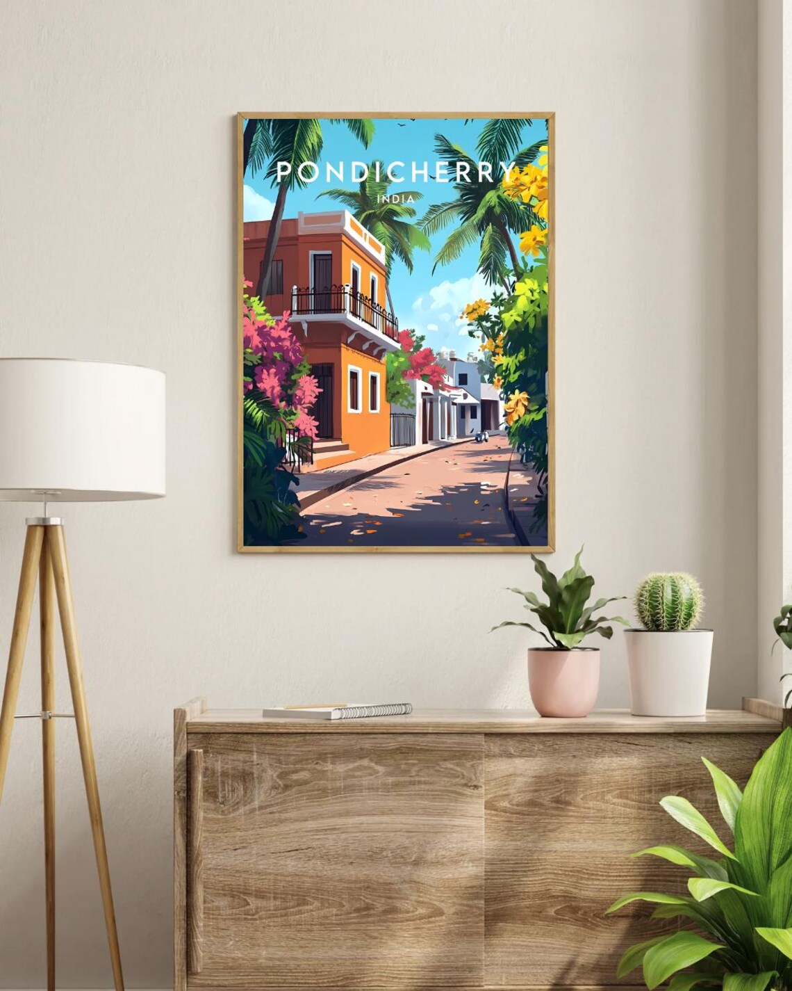 Pondicherry India French Colonial House Palms Vintage Travel Poster - Image 3