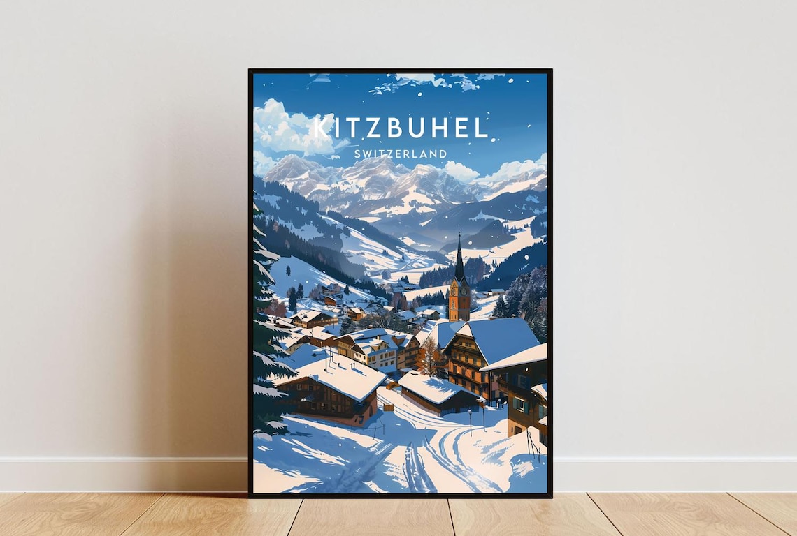 Kitzbuhel Switzerland Snowy Alpine Ski Resort Town Travel Poster
