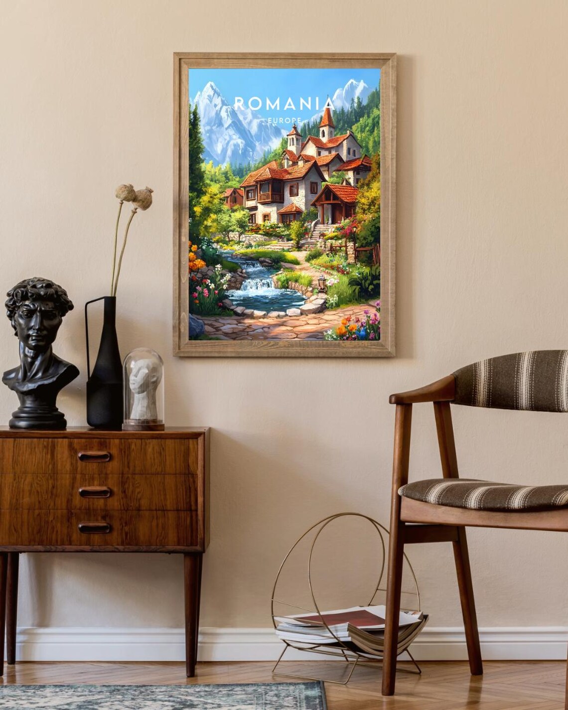 Romania Europe Alpine Village Waterfall Snow Peaks Travel Poster - Image 2