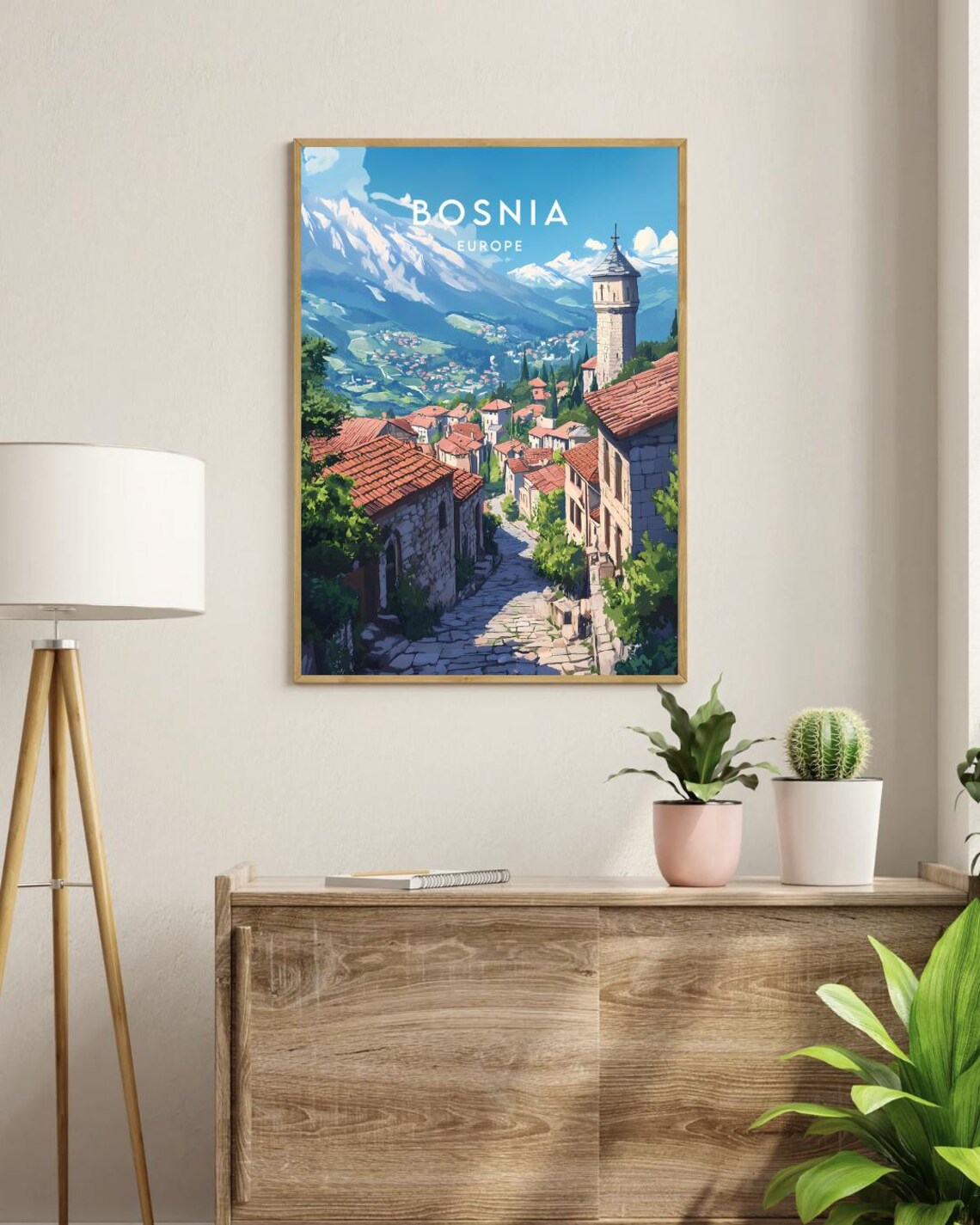 Bosnia Europe Stone Village Mountain Clock Tower Vintage Travel Poster - Image 3