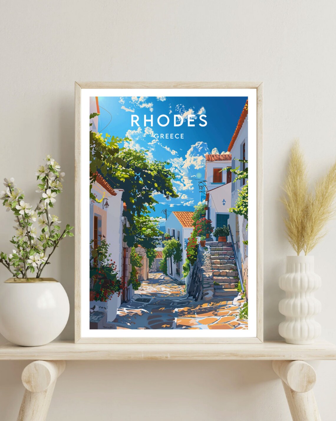 Rhodes Greece Whitewashed Alley Stairs Sea View Vintage Travel Poster - Image 4