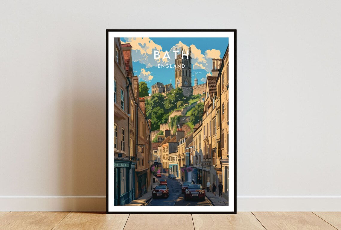 Bath England Historic Street Abbey Tower Vintage Travel Art Poster