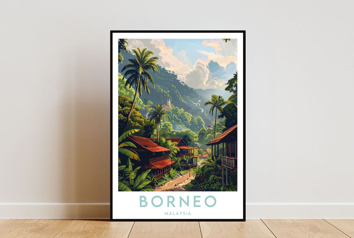 Borneo Malaysia Jungle Village Palms and Mountains Art Poster