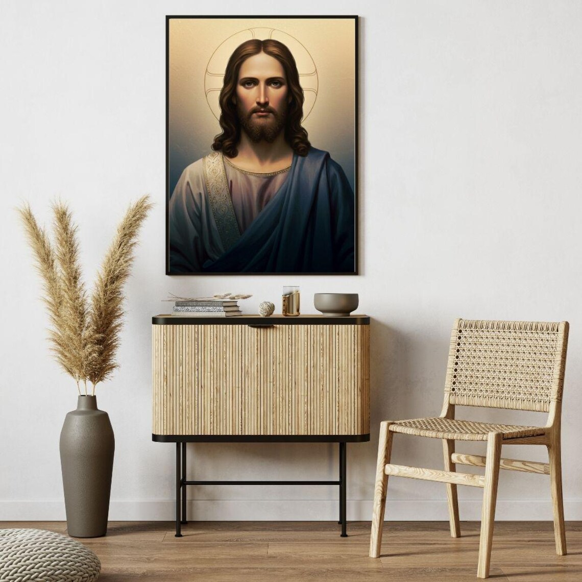 Jesus Christ Portrait with Halo in Regal Blue Robes Art Poster - Image 4