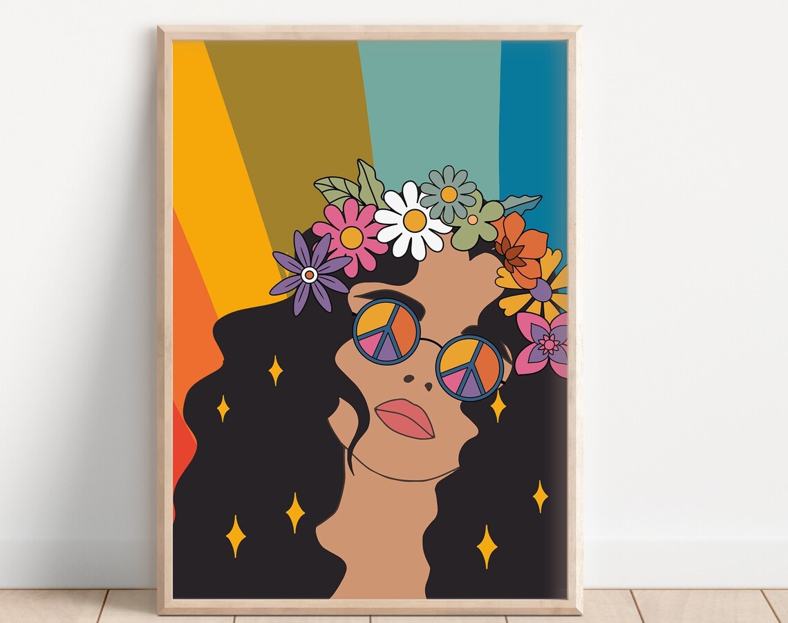 Groovy Hippie Floral Art Print, Retro Flower Power