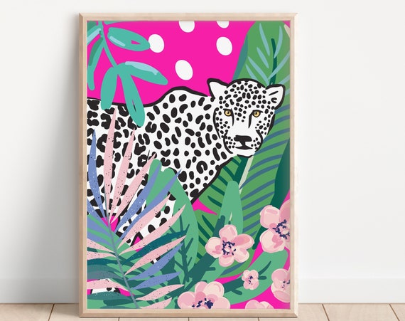 Leopard Botanical Jungle Art Print, 70s Floral