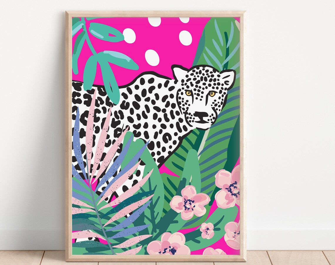 Leopard Botanical Jungle Art Print, 70s Floral