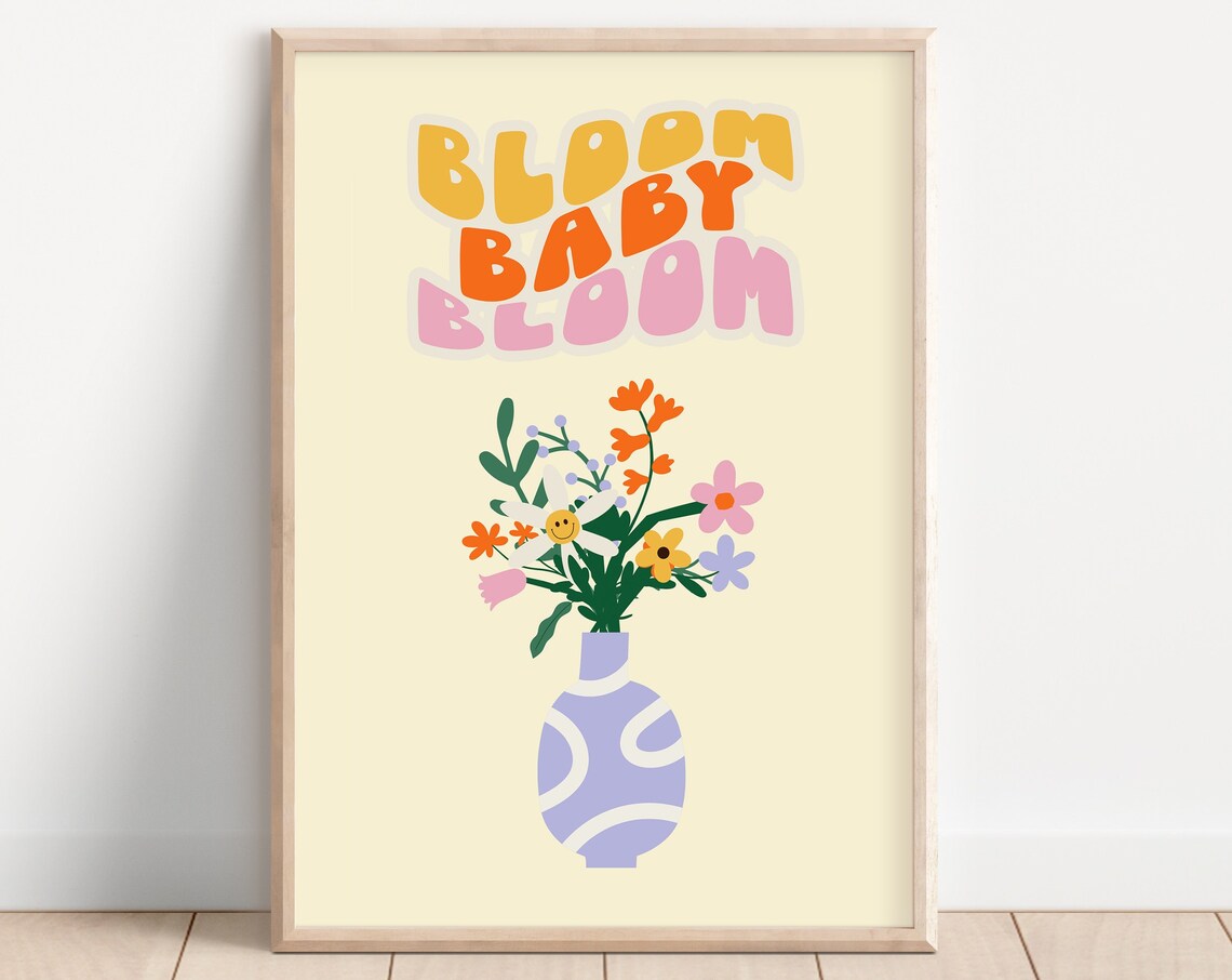 Funky Bloom Retro Floral Poster, Smiling Face