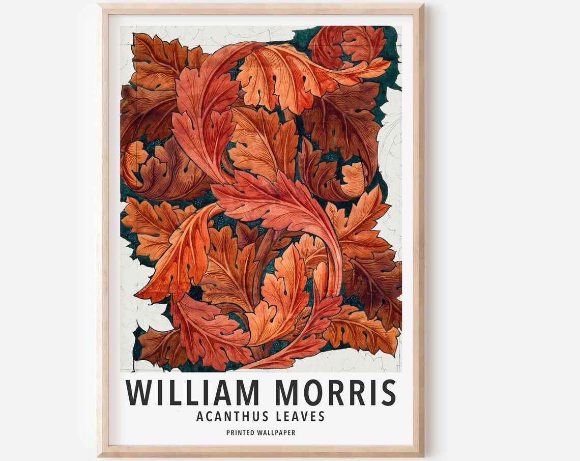 William Morris Acanthus Leaves Red Autumn Wallpaper Art Poster