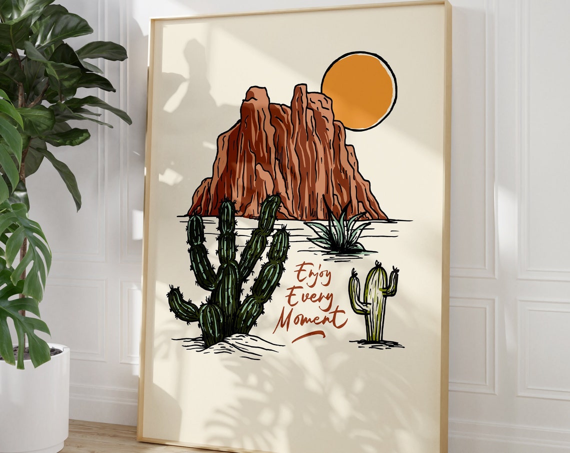 Enjoy Every Moment Desert Cactus Sunset Bohemian Vintage Poster