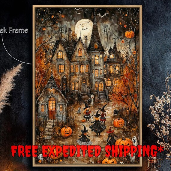Haunted House Witches Pumpkins Full Moon Festive Halloween Night Wall Poster