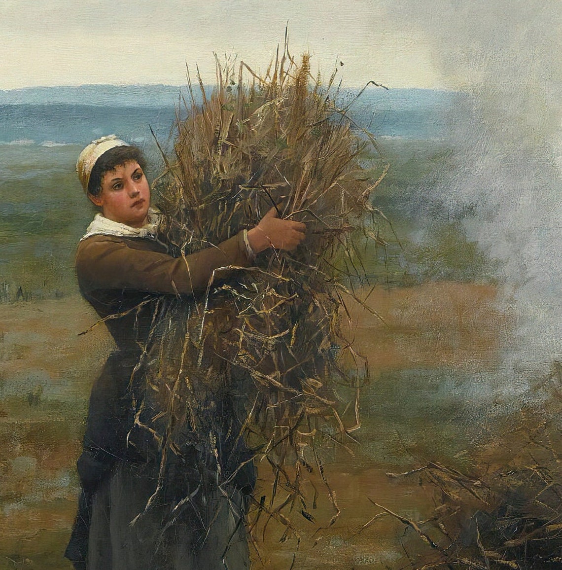Daniel Ridgway Knight Burning Brush Peasant Field Scene Textured Print - Image 3