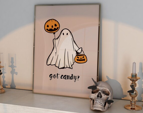 Cute Ghost Trick or Treat Pumpkin Bucket Kids Halloween Poster