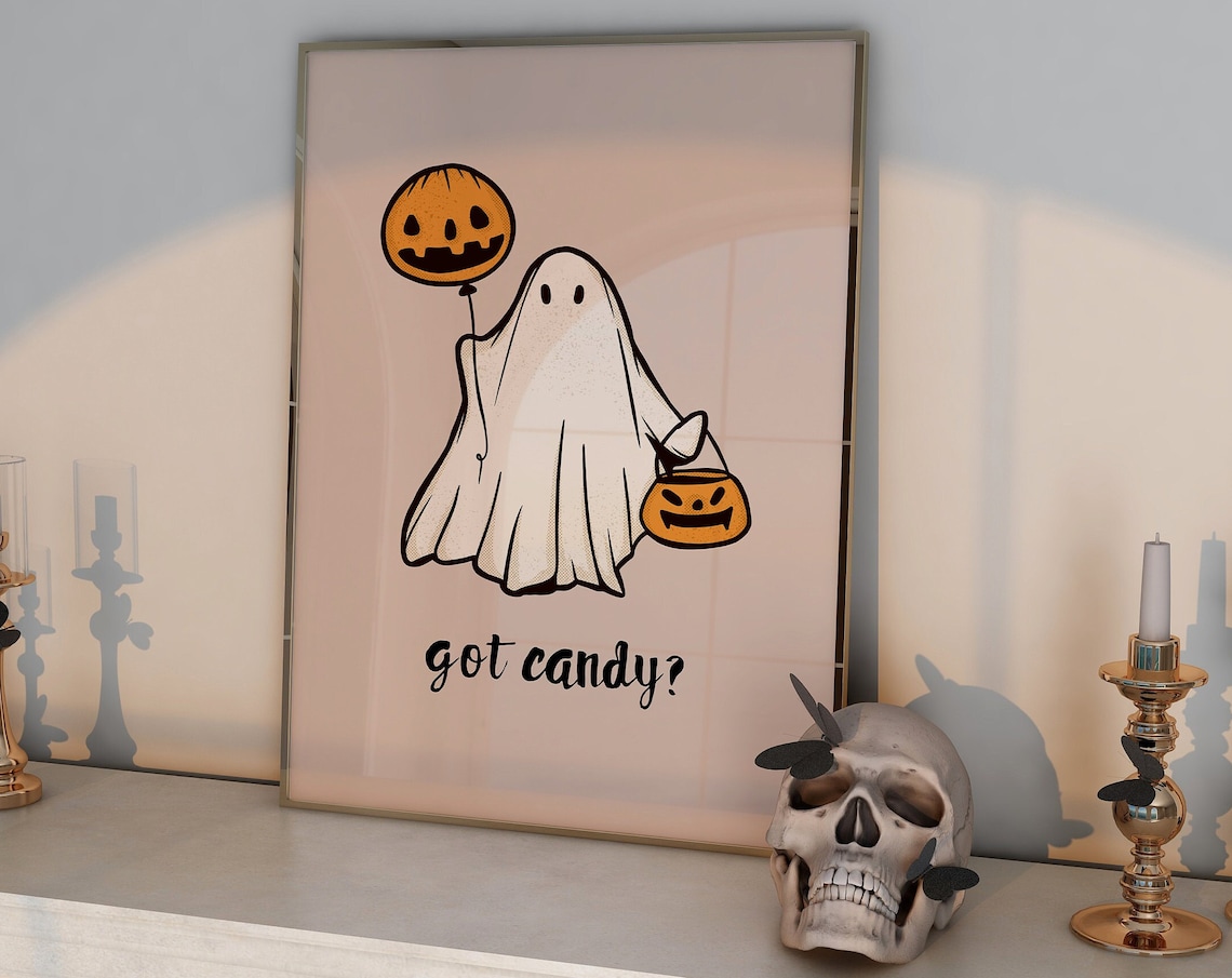 Cute Ghost Trick or Treat Pumpkin Bucket Kids Halloween Poster
