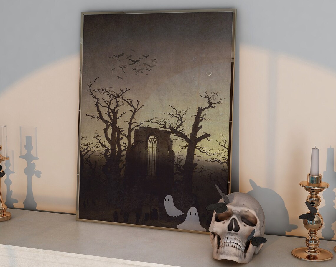 Gothic Abbey Ruin Bats Moon Ghosts Altered Vintage Art Poster