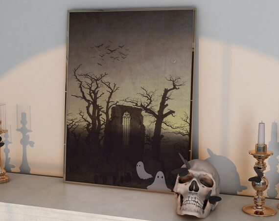Gothic Abbey Ruin Bats Moon Ghosts Altered Vintage Art Poster