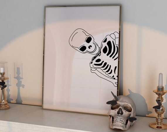 Minimalist Skeleton Line Drawing Black White Halloween Art Poster