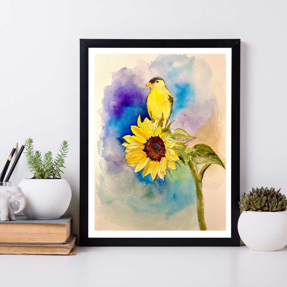 American Goldfinch on Sunflower Watercolor Summer Bird Poster