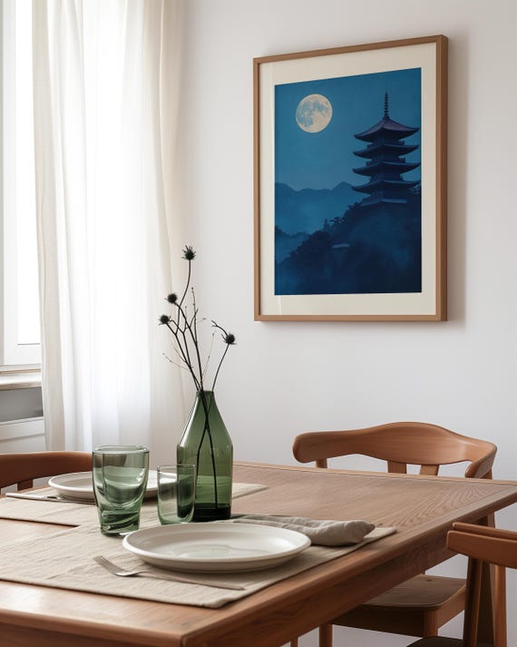 Twilight Pagoda Stillness Japandi Night Landscape Wall Art Full Moon Zen Print Minimalist Tranquil Blue Decor