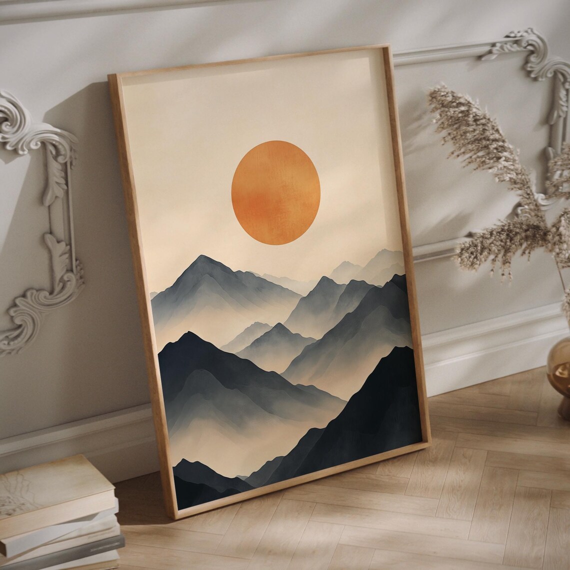 Golden Sun Rising Over Misty Mountain Layers Japanese Zen Poster - Image 3