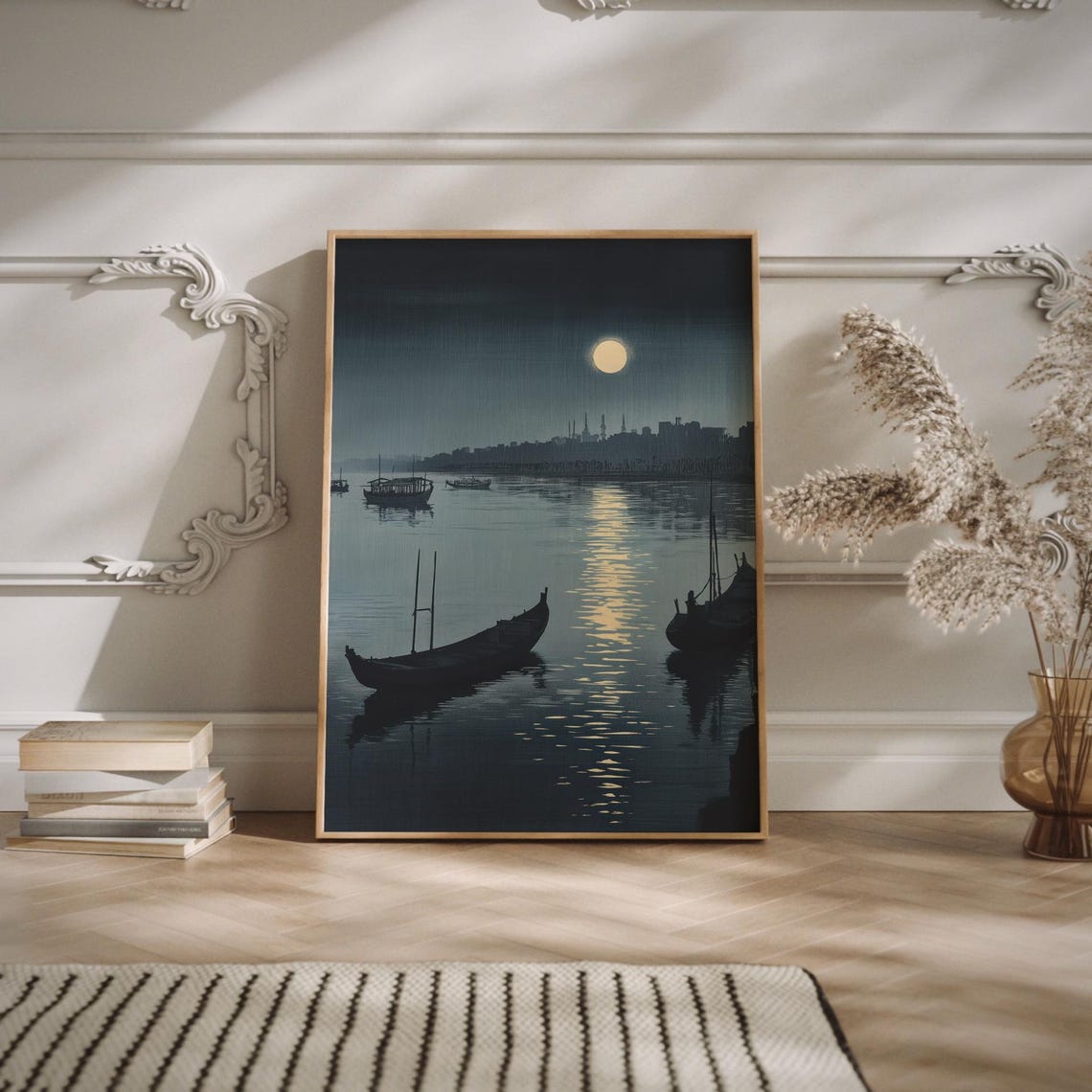 Moonlit Reflection Sumida Japandi Night Wall Art Minimalist Zen Landscape Print Wabi Sabi Tranquil River Scene - Image 2
